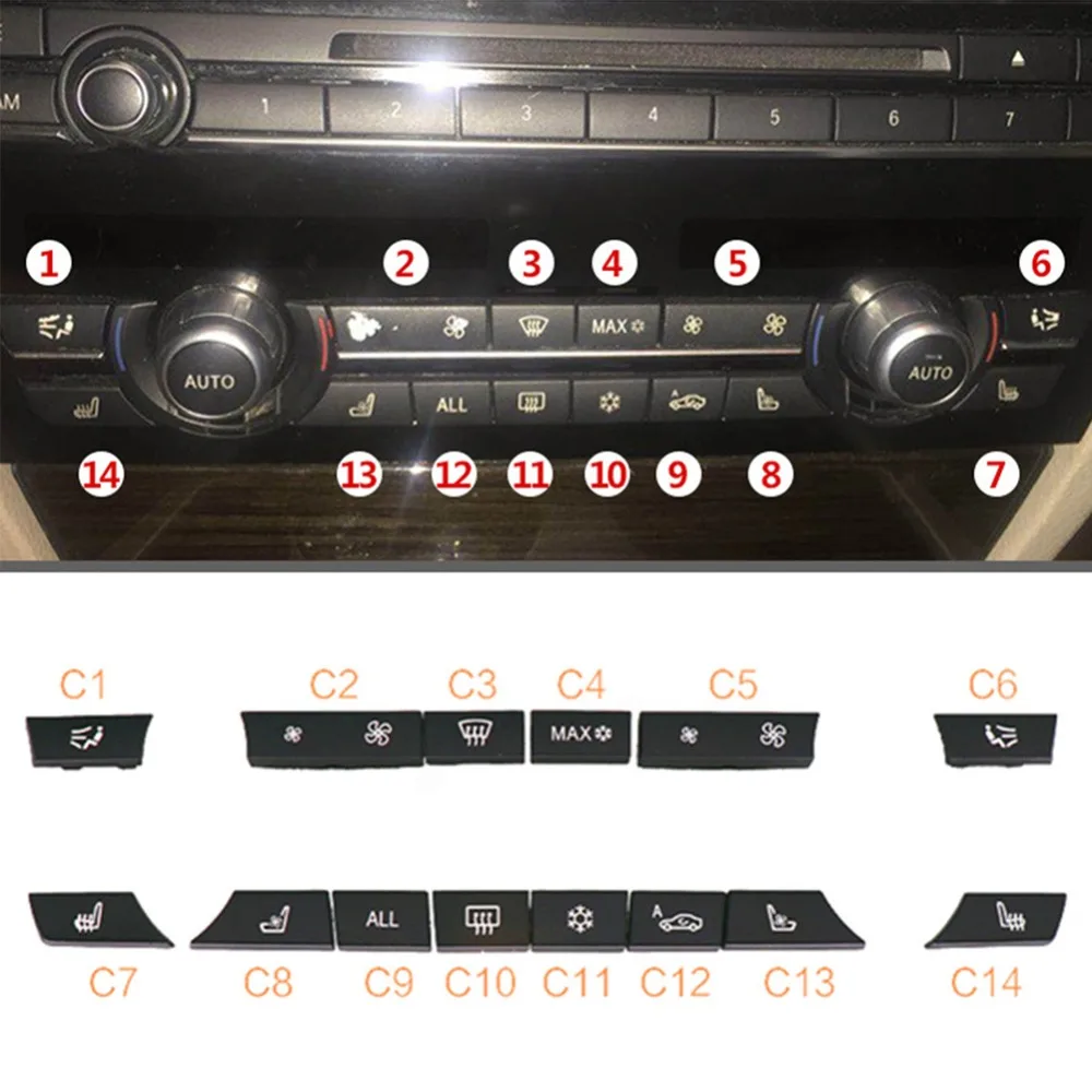 

14Pcs/Set Lightweight Exact Repair Kit High Quality Durable Button Key Caps A/C Heater Switch For BMW 5 6 7 F10 F12 F01#293746