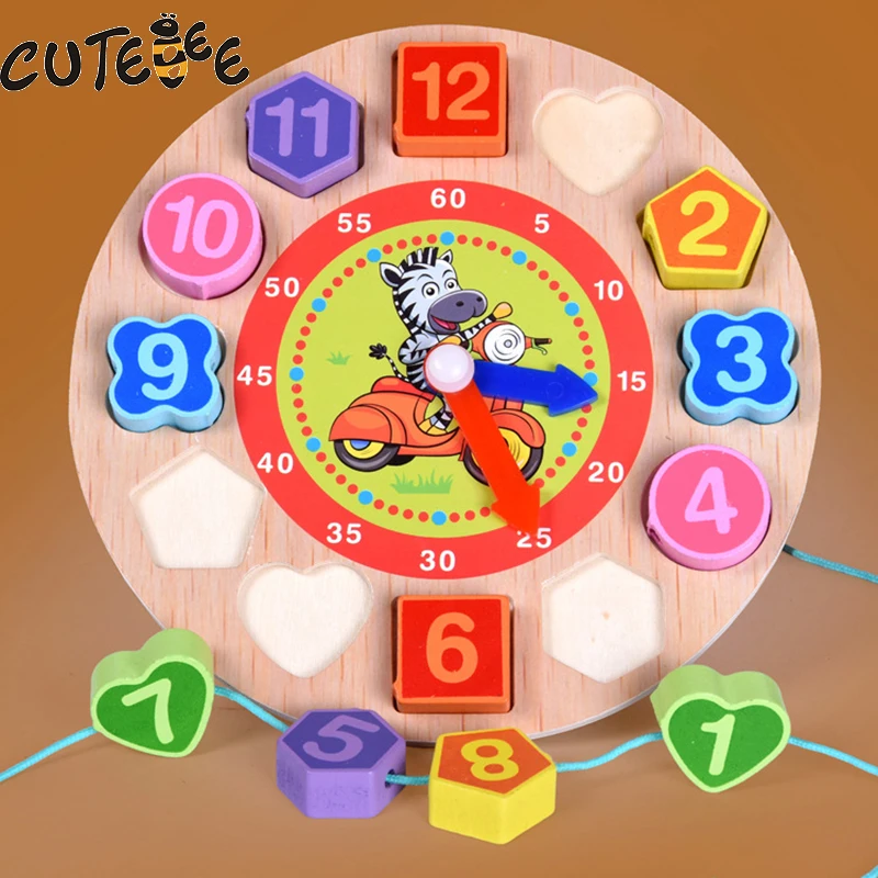 CUTEBEE Puzzle Wooden Clock Montessori Educational Toys For Children Kids Toy Animal Cartoon Digital Geometry Clock