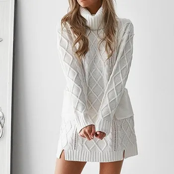 

Mid-Long Turtlenecks Sweaters Fashion Slim White Jumpers Kntwear Autumn Solid Pullover Female Basic Sweater Dress For Women
