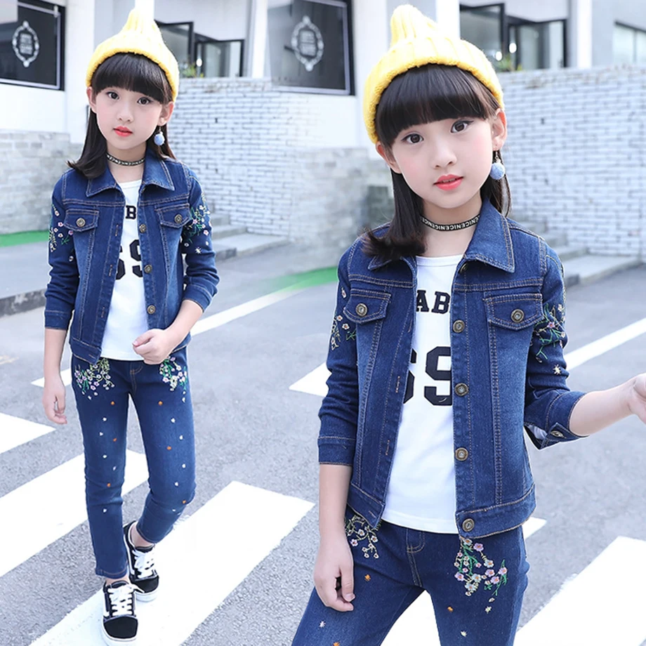 

Autumn Denim Clothing For Girls Floral Jacket+Jeans Fashion Children's Costume Winter Teenage Clothes For Girls 6 8 12 Years