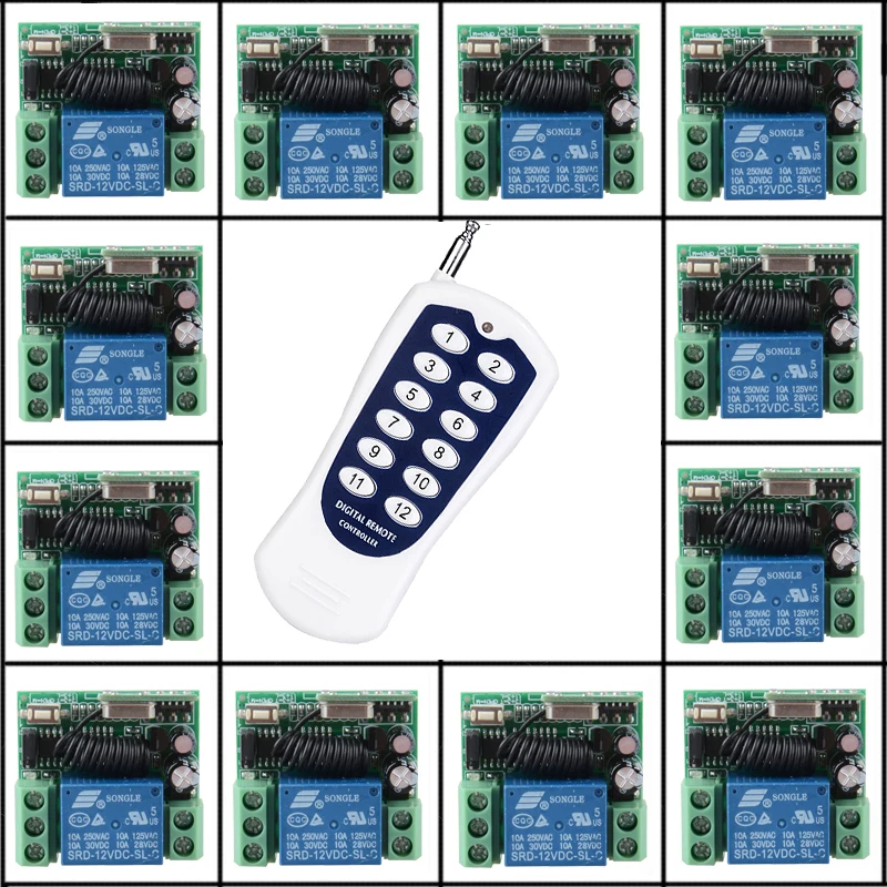 RF Беспроводная система дистанционного управления 20-200 м 1(контроллер) передатчик+ 12 приемник(переключатель) 12 В 10A 315 МГц 433,92 МГц