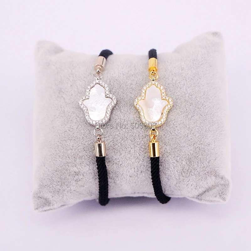 

10PCS Zyunz Jewelry Micro Pave CZ Fashion Bracelet Hamsa Hand Mop Shell Black Cotton Rope Charm Bracelet