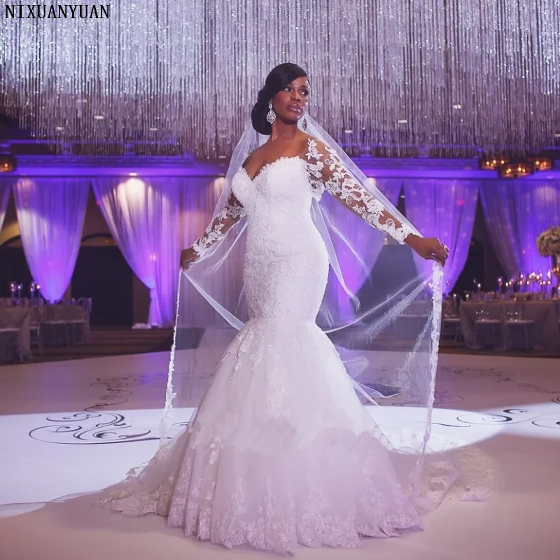 

Romantic Lace Appliqued Sweetheart Long Sleeves Mermaid Wedding Party Dress Custom Made
