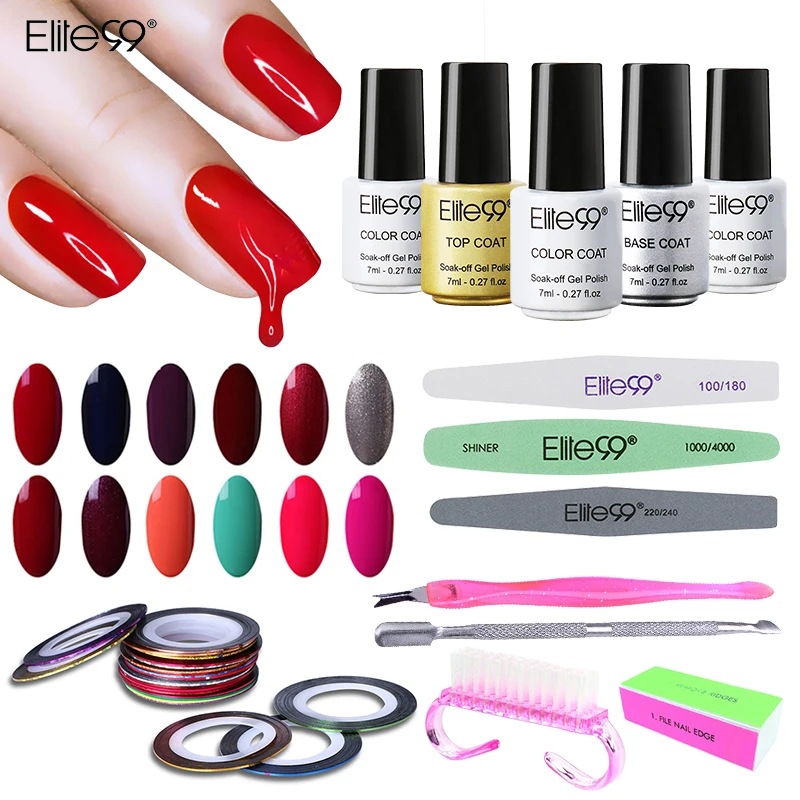 

Elite99 7ml Soak Off Gel Nail Polish Top Base Coat Nail Buffer Dead Skin Fork Pusher Files Striping Tapes Nail Art Tool Kit Set