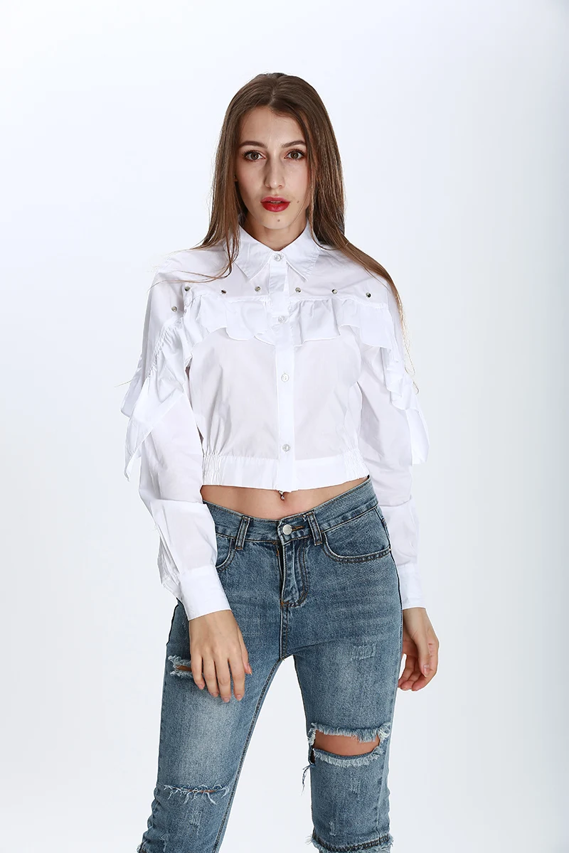 white button down ruffle blouse