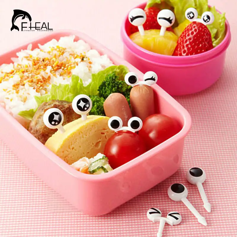 

FHEAL 10pcs Lovely Eye Cartoon Expression Fruit Fork Plastic Fruit Toothpick For Children Bento Decorative Tableware food picks