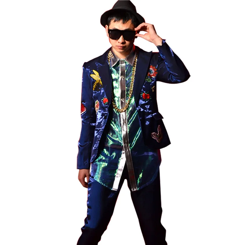 

Custom Made Male Stage Show Costumes Cool Men High Quality Embroidered Splice Casual Suit Coat Fashion Slim Fit Blazers Jacket