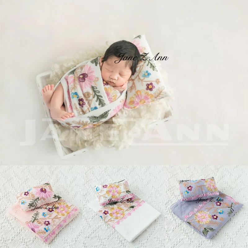 

Jane Z Ann Newborn photo props baby flower embroidery wraps +mini pillow infant photo shooting outfits studio accessories