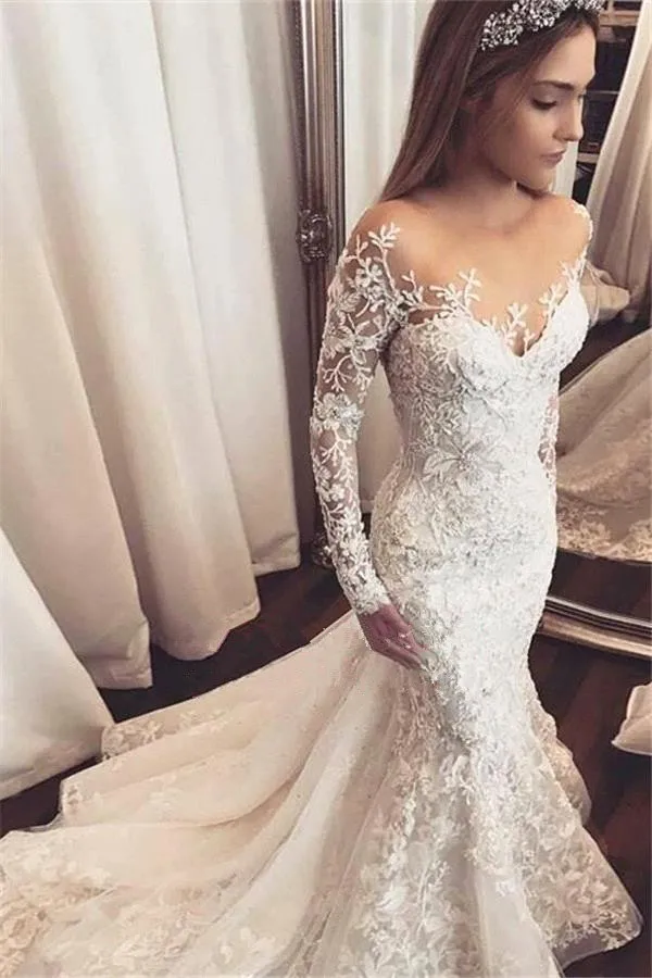 Vestido novia сексуальное свадебное платье русалки с длинным рукавом белая слоновая кость Кружевная аппликация на свадебные платья открытая спина свадебное платье невесты