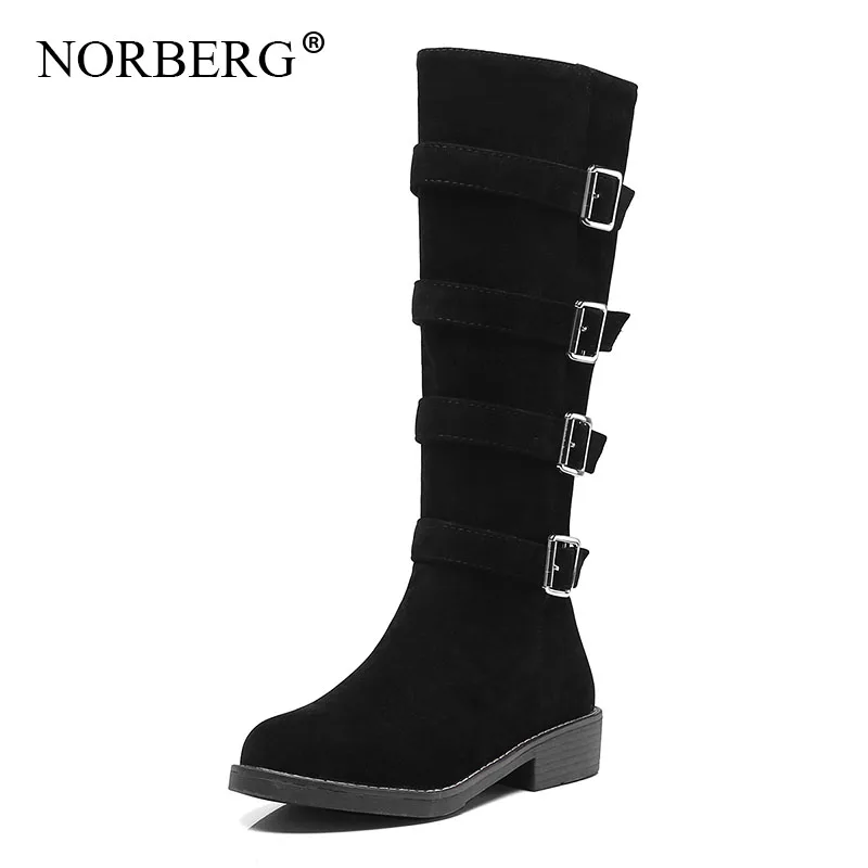 

NORBERG Autumn/Winter Women's Boots New Belt Buckle Zipper Knight Boots Knee-High High Heel Boots Round Head Boots