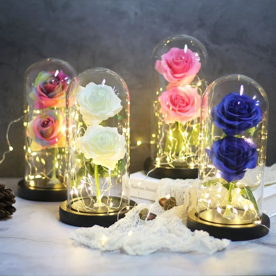 

Beauty And Beast Eternal Flower Rose In Flask Wedding Decoration Artificial Flowers In Glass Cover For Valentine's Day Gifts