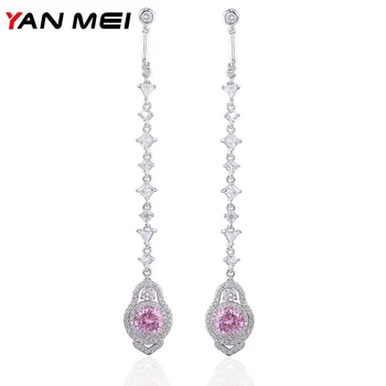 

YAN MEI 2018 Women Long Flower AAA CZ Dangle Earrings Luxury Jewelry GLE5398Y