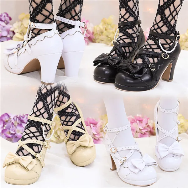 Популярные туфли в стиле Лолиты; Милые для девочек принцесс; тонкие туфли в японском стиле с круглым носком и бантом на ремешке; высокий каблук