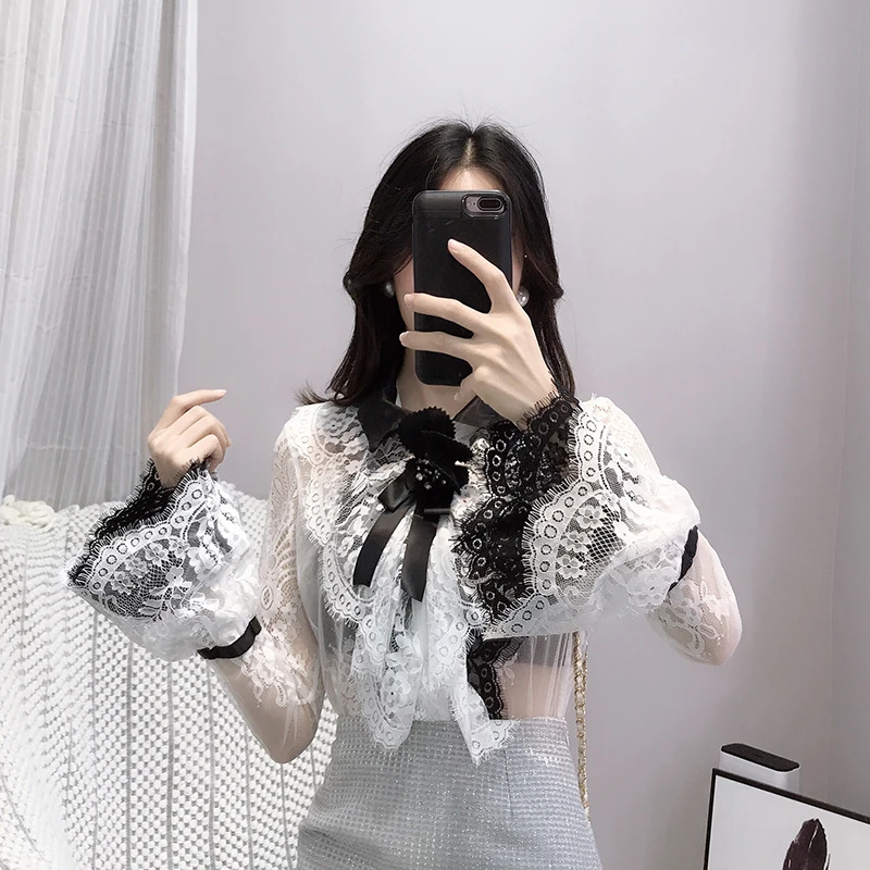 

Sexy Crochet Hollow Out Lace Blouse Sheer Transparent Flare Sleeve Shirt Women Top Chemise Femme Chemisier Renda Blusa Mujer