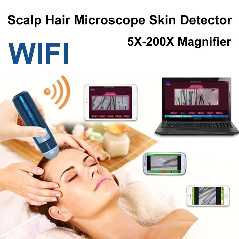 

WIFI 5X-200X Magnifier 8LED Digital Scalp Hair Microscope Skin Detector Dermal Analyzer Intelligent USB HD OTG Camera With Base