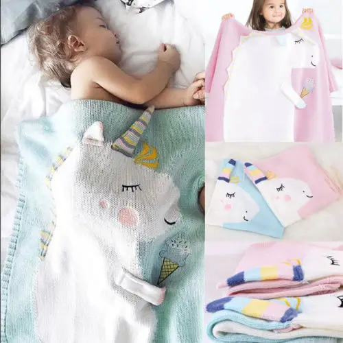 Мягкое детское Флисовое одеяло для новорожденных, детская кроватка-корзинка, голубой, розовый, с рисунком единорога