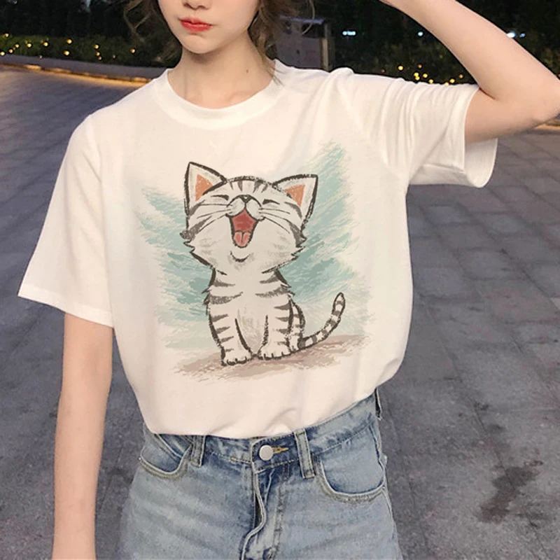 Kawaii Cat Graphic футболка Женская Harajuku Ullzang Милая футболка забавная мультяшная Эстетическая футболка 90s модные летние футболки женские - Цвет: 4182