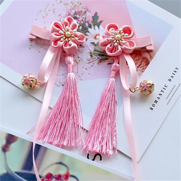 8pair/lot Fashion Multi Style Girls Hair Clips Chinese Traditional Princess Tassels Flower Hair Side Clips Kids Hair Accessories - Цвет: pink