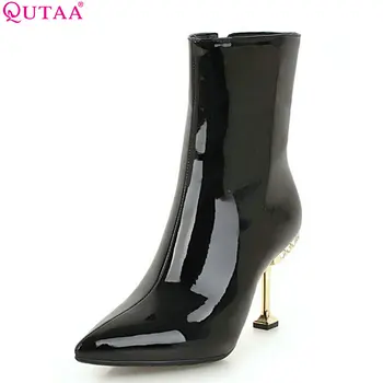 

QUTAA 2019 Thin High Heel Sexy Women Mid Calf Boots Pu Leather Platform Winter Shoes Women Motorcycle Boots Big Size 34-43