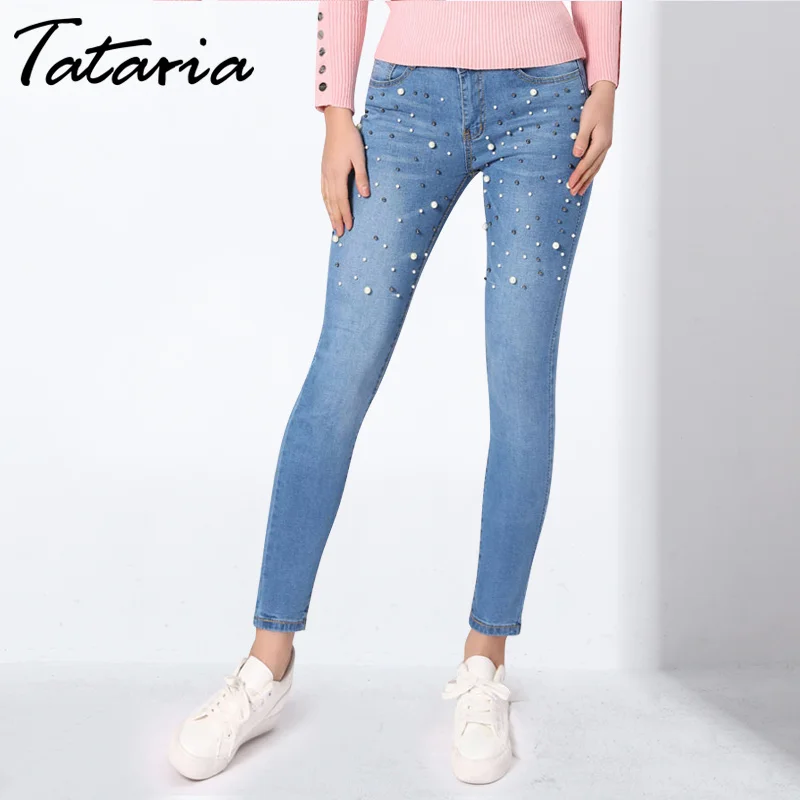 Denim Women Skinny Jeans With Pearls Pants Slim Femme Beading Pearl Jeans Woman 2018 With beads Mid Waist Pencil Jean For Women