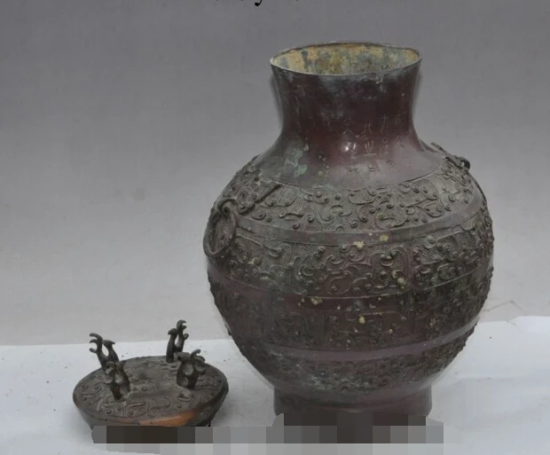 

S0568 14" Old China Dynasty palace Bronze copper Beast statue jar pot Bottle Vase Tank discount 30% (C0324)