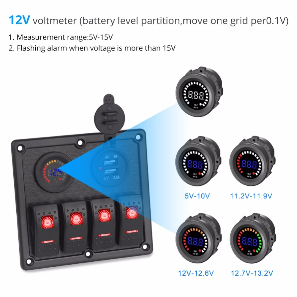 Двойной USB зарядное устройство розетка Автомобильная лодка кулисный переключатель панель Цифровой вольтметр автомобильный переключатель Панель Светодиодный переключатель USB морской переключатель панель