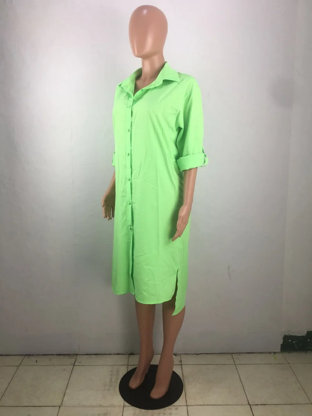 Неоновое зеленое летнее свободное платье-рубашка женское платье миди с отложным воротником и длинным рукавом Повседневное платье на пуговицах с открытой спиной и разрезами по бокам