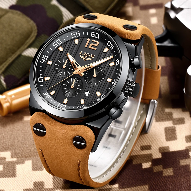  LIGE Sports Mens Watches Casual Military Chronograph Quartz Man Outdoor Big Dial Waterproof Watch A
