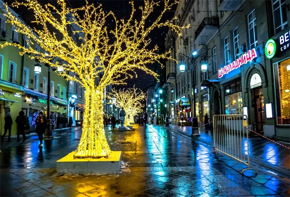 Laeacco Town Gold Tree Street вечерние Square Night Scenic Photography фоны для фотографий Backdrops |