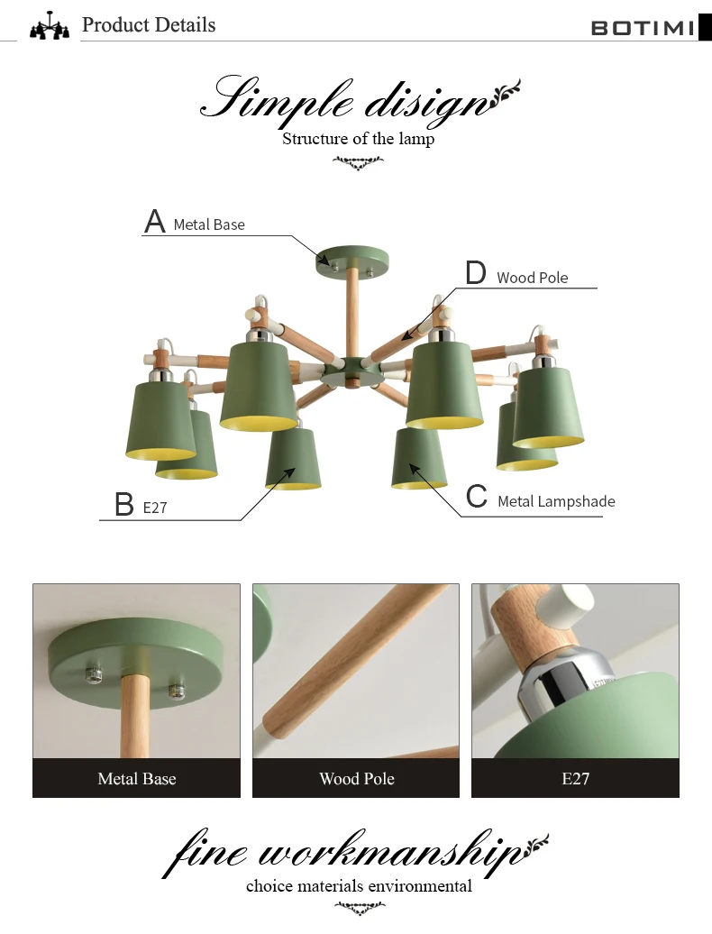 BOTIMI современный светодиодный Люстра для гостиной E27 люстры потолочные люстры с металлическим абажуром деревянные светильники для столовой