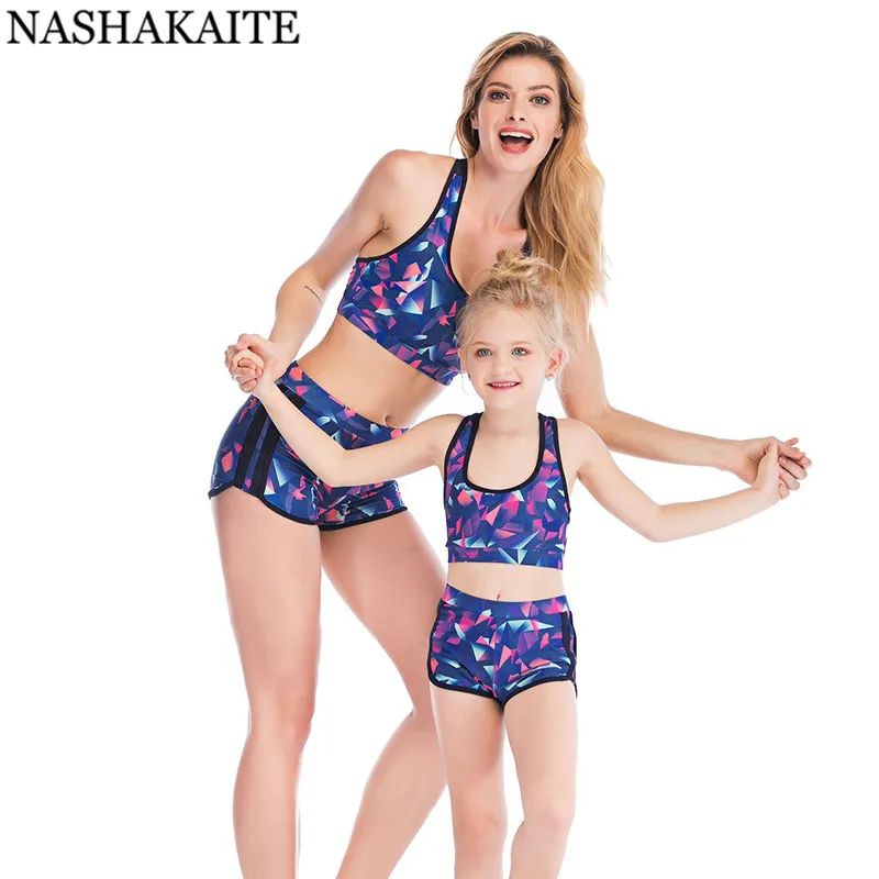 

NASHAKAITE Mommy and me Clothes Geometric Print Hot Spring Bathing Suit 3 peice Set Family Matching Swimsuit Mom Daughter