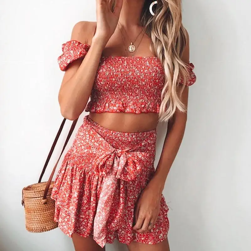 

Femajor Women Vintage Red Print Skirt Sets Fashion Off Shoulder Crop Tops High Waist Lace up Skirts Suit Female Holiday Vestidos