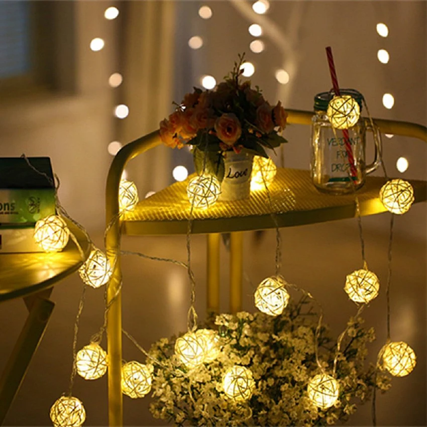 Goedkoop 1 m 10 leds 2 m 20 leds Warm Wit Rotan Ballen led Fairy String Lights Battery Operated Outdoor Kerst patio Bruiloft Guirlande