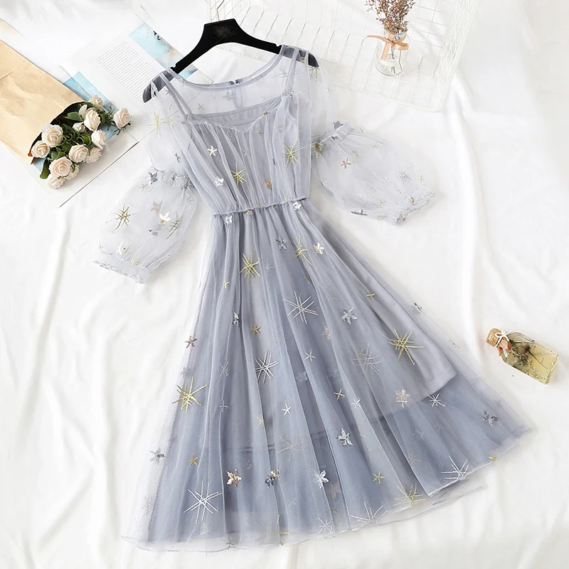 

Elegant Style embroidery Mesh Lace Dress Sequined Sweet Summer Dress 2019 New Women Dresses Tulle Dress Vestidos Robe Femme