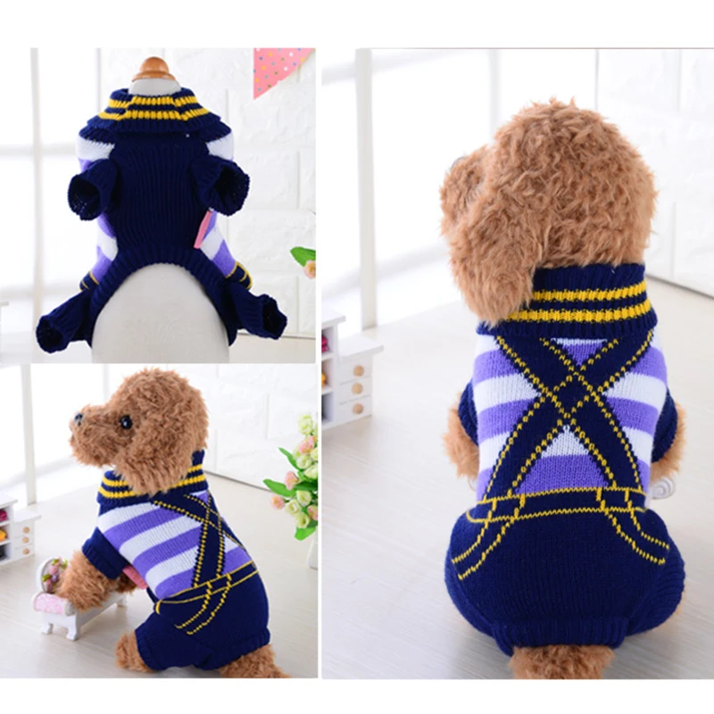 Winter Warm Striped Dog Sweater Jumpsuit Pet Clothes Coat