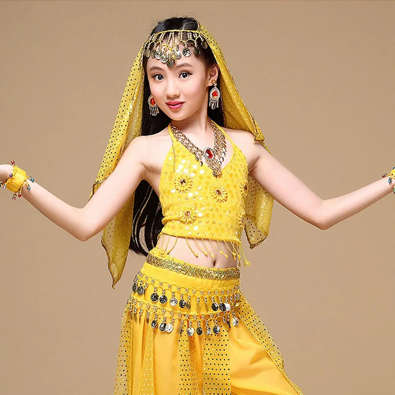 2017 Indian Sari Children Indian Dance 5-piece Costume Set (Top, Belt, Skirt and Head Pieces) Kids Bollywood Dance 4 colors  (2)