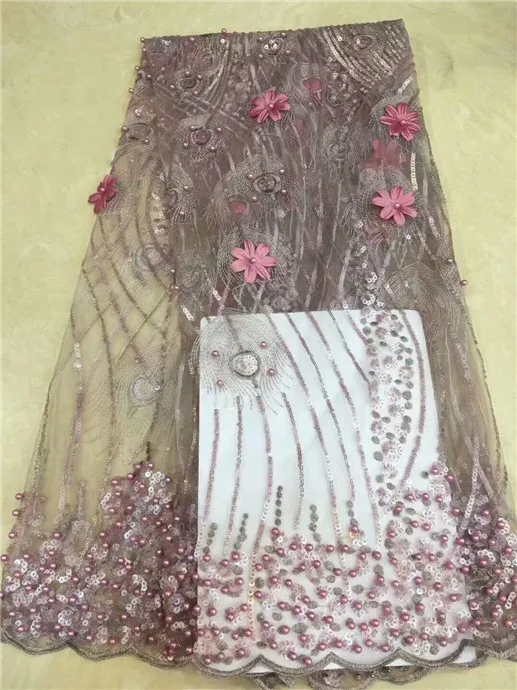 

Pink 3 d flowers sequin lace fabric fringe material african french net lace tulle fabric high quality evening dresses5yard/lot