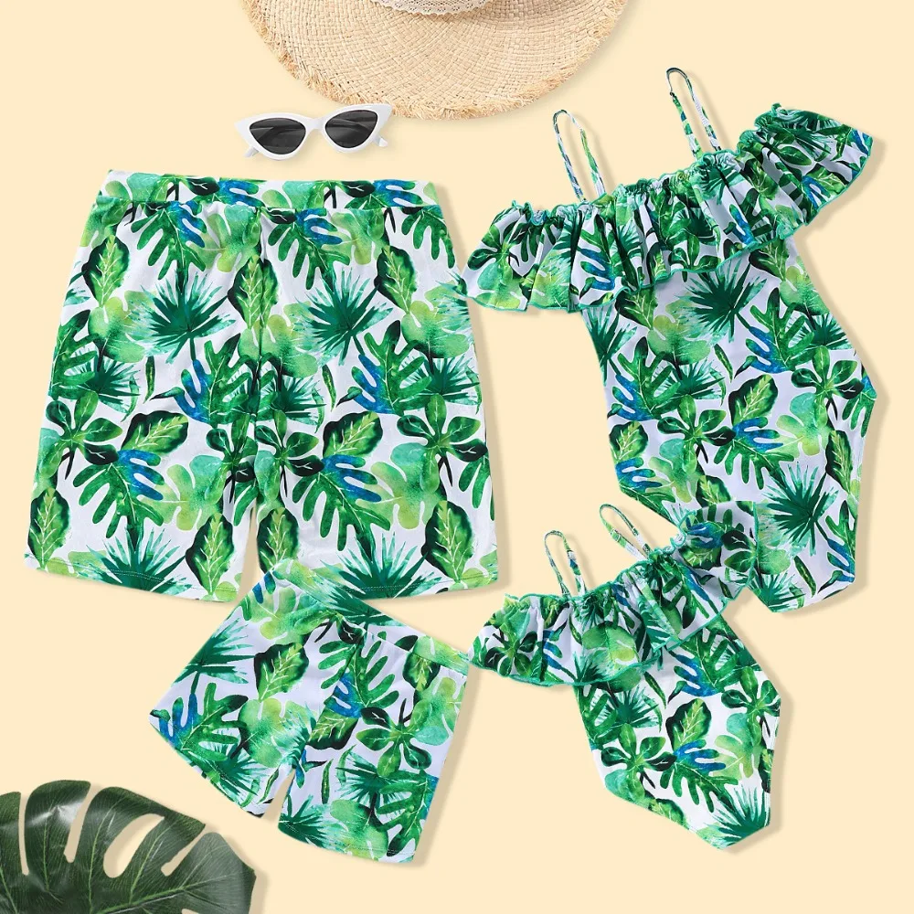 

Family Swimsuits Leaf Mother Daughter Dad Son Matching Swimwear Mommy and Me Clothes Men Boy Trucks Mom Girls Bathing Suits Look