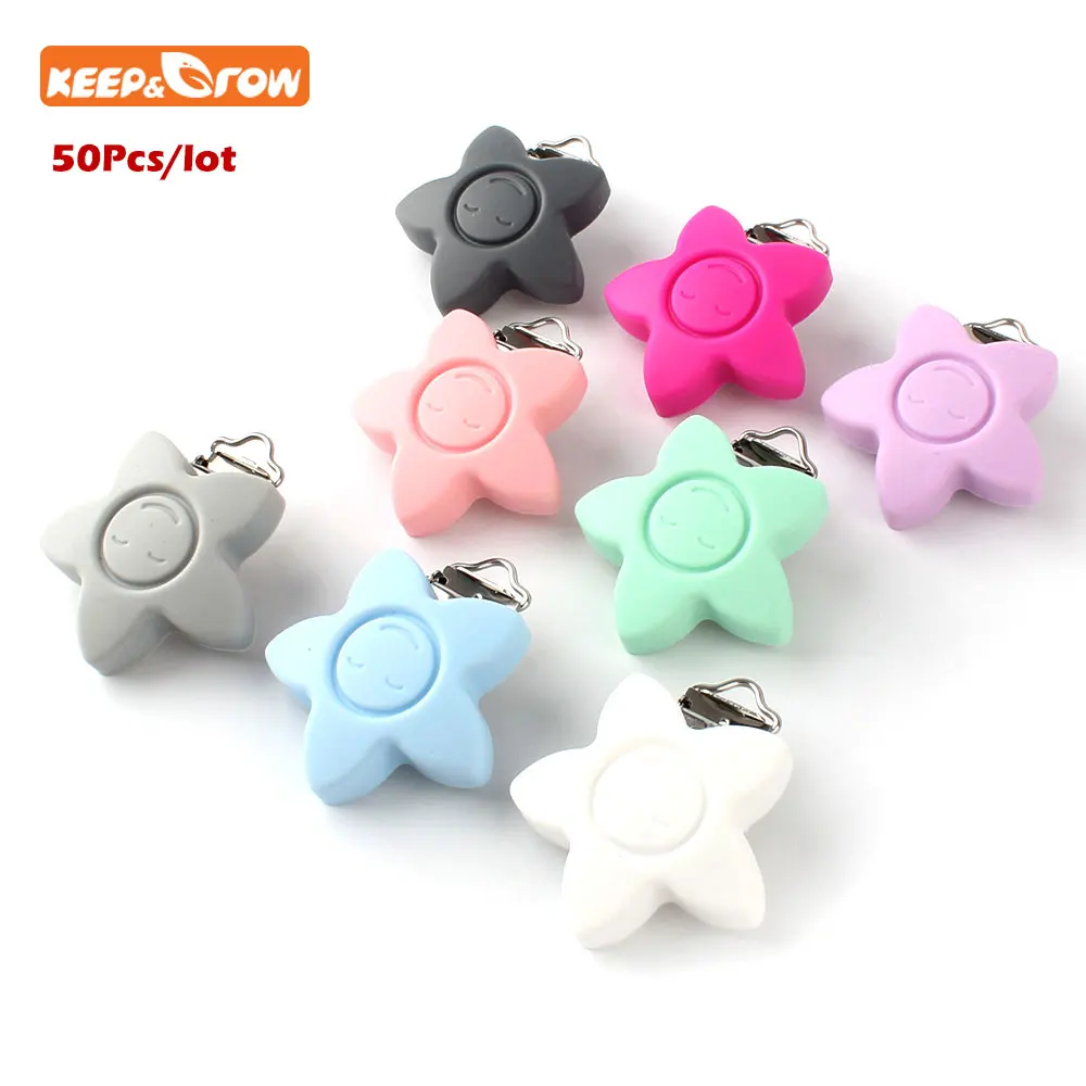 

Keep&grown 50Pcs Stars Silicone Pacifier Holder Safe Teething Chain Baby Teether Nipple Clips Personalized Name Baby Accessories