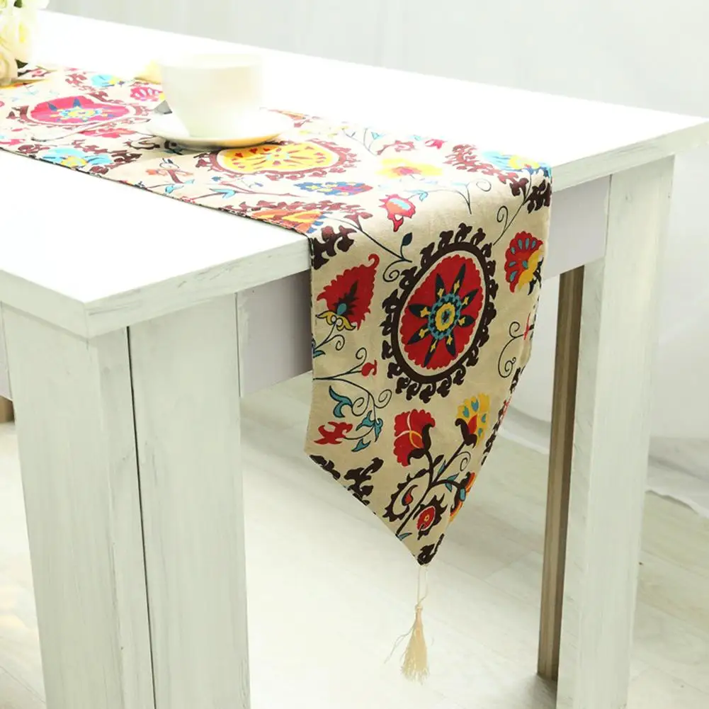 

Cotton Linen Ethnic Sun Flower Print Desk Mat Table Runner Tablecloth Home Decor tableware