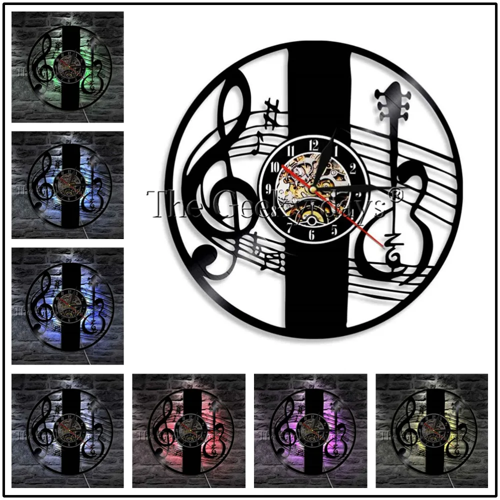 1 шт ноты Виниловая пластинка настенные часы с светодиодный освещения скрипичный ключ ноты современный настенный светильник