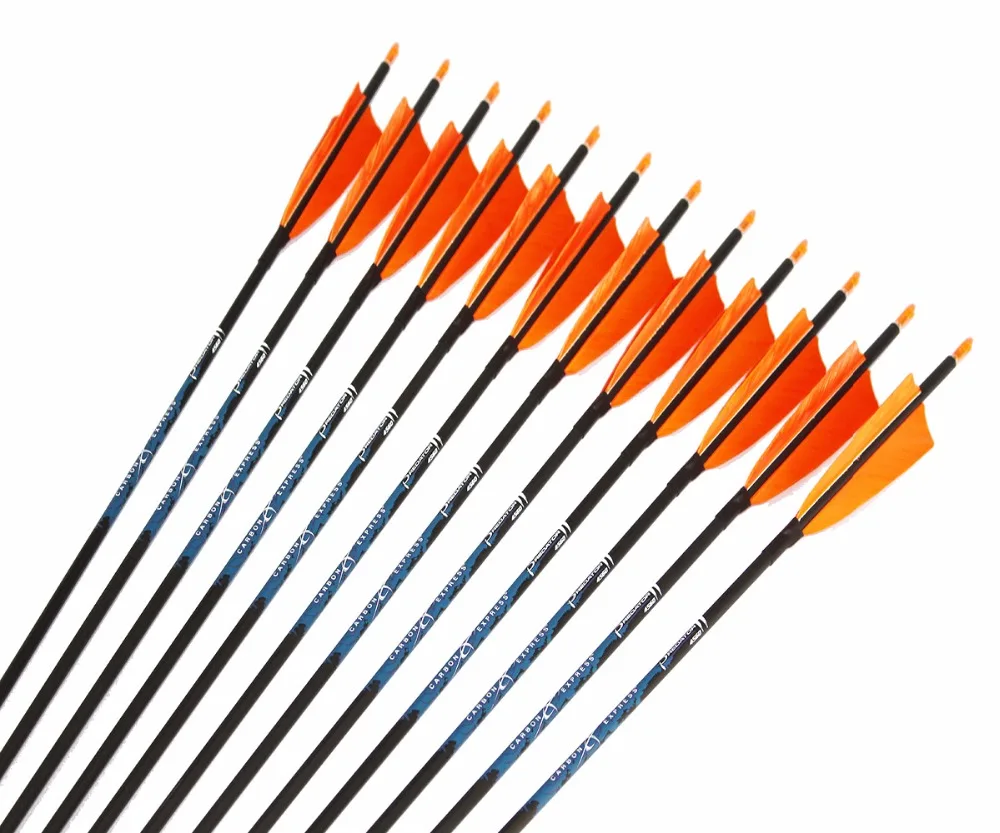 

12 шт. 100% чистый углерод стрелка spine700/800 ID4.2mm OD5.6mm 80/100/120 Зерна точечного 2,5/3/4 "оперение индейки перья