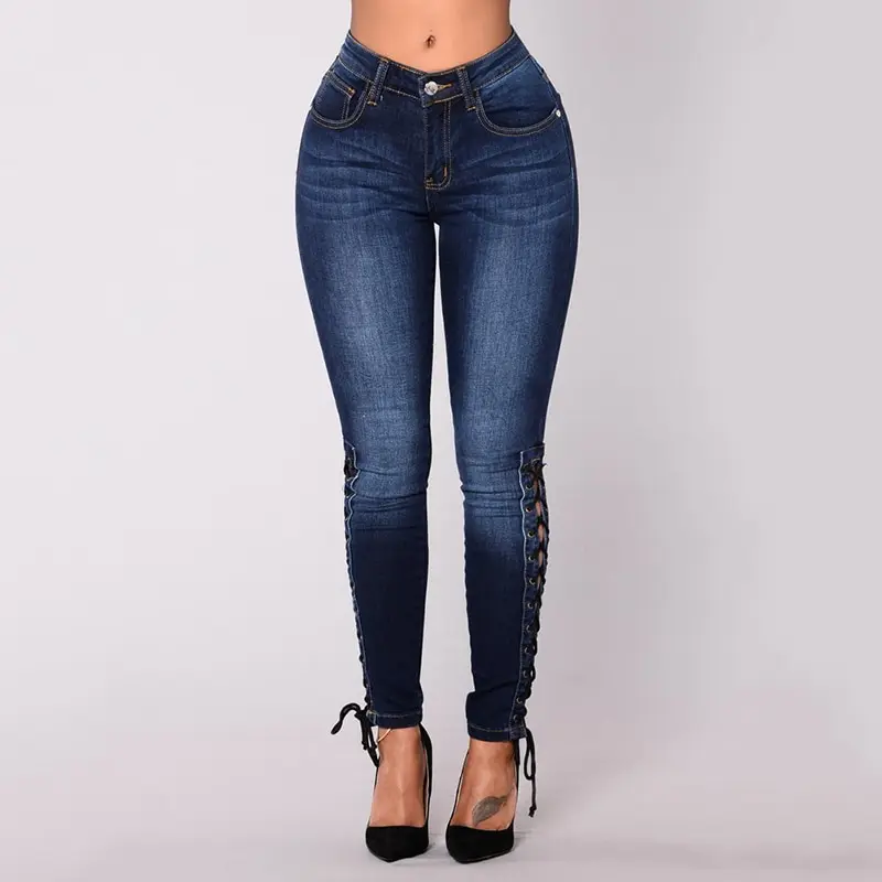 LITTHING Women Jeans Lace Up Hole Tight Ripped Autumn Womens Fashion Hollow Out Cross Strap Bandage Pencil Pants Sexy 2018 Jeans