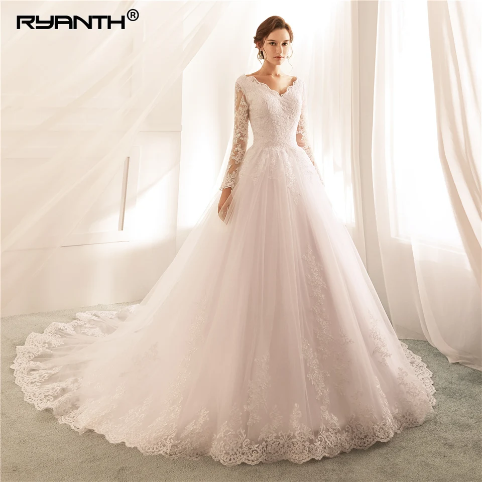 

Ryanth Robe De Mariage New Arrival Vestidos De Novia 2022 Ball Gown Long Sleeves Lace Wedding Dress V Neck Vestido De Noiva