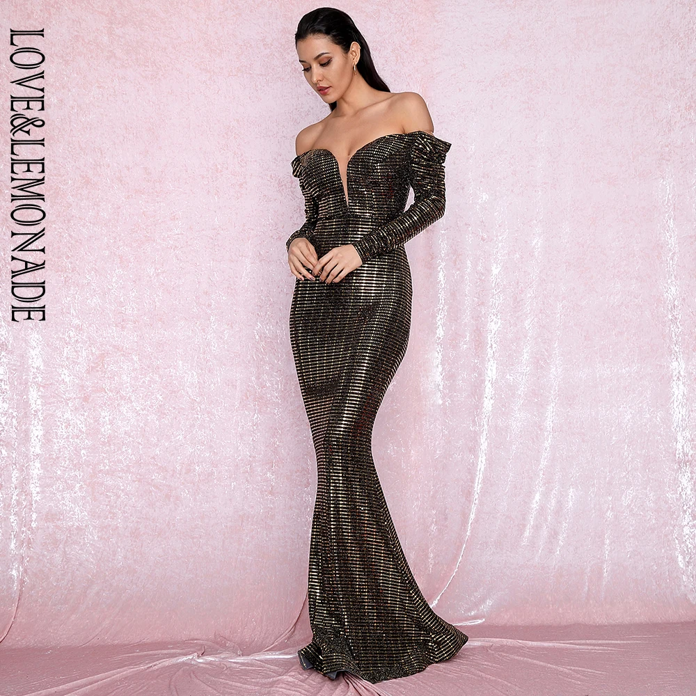 LOVE&LEMONADE Sexy Open Shoulder Gold Sequins