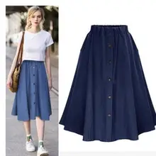 Женская джинсовая однотонная трапециевидная юбка до середины икры с высокой талией в японском стиле, однобортная длинная джинсовая пуговица, одежда для девочек