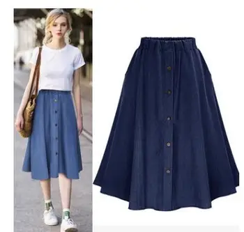 

Women Denim solid color A-line Mid-Calf High Waist Japanese Style Single Breasted Long Jean button Skirt Girl Clothing