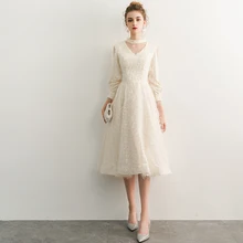 Новые элегантные длинные вечерние платья цвета шампань с v-образным вырезом А-силуэта длиной до пола кружевные платья для выпускного вечера вечерние платья LYFY15