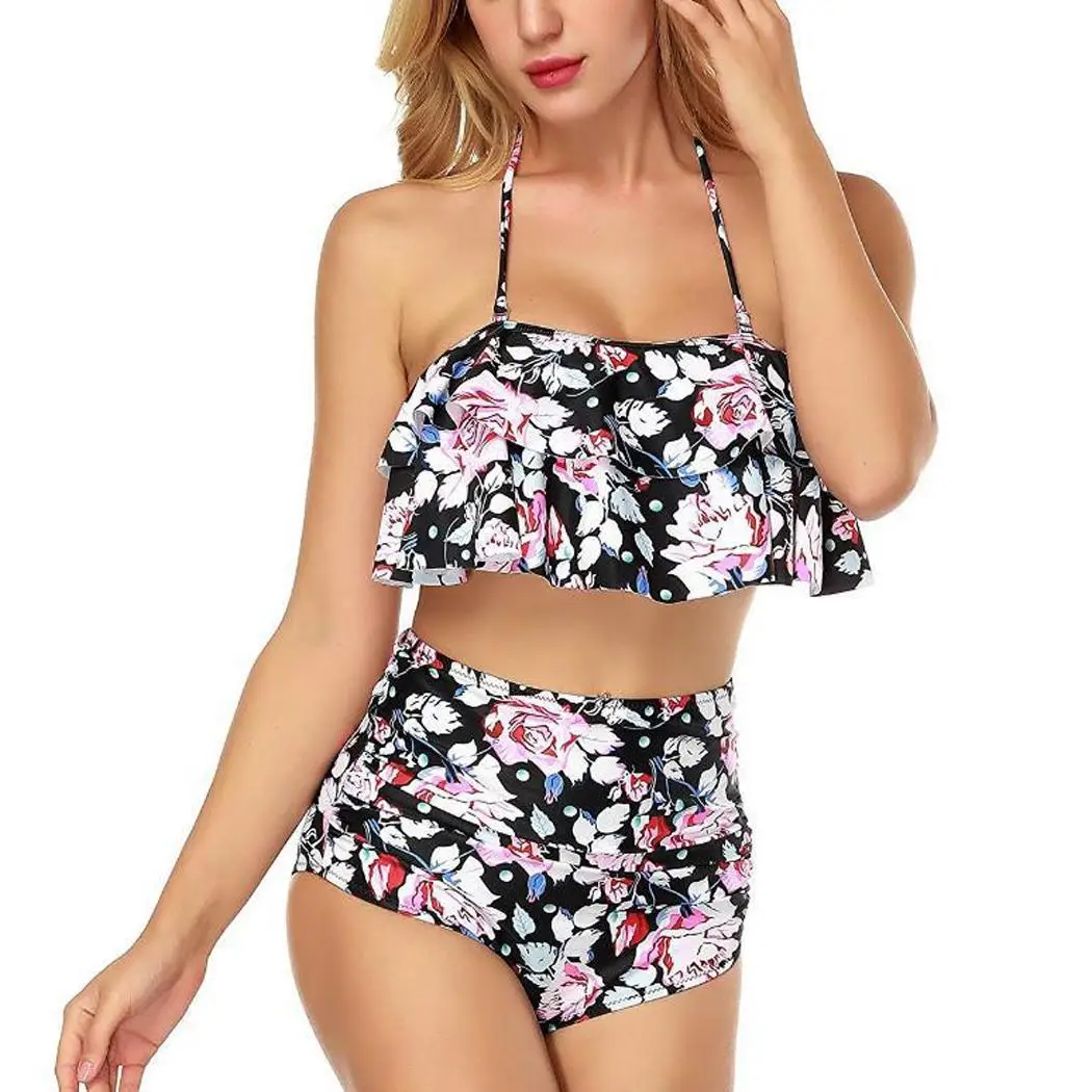

Women Casual Halter Sleeveless Floral Ruffles Two-piece Loose Yes Swimming Wear Summer Backless No Swimsuit