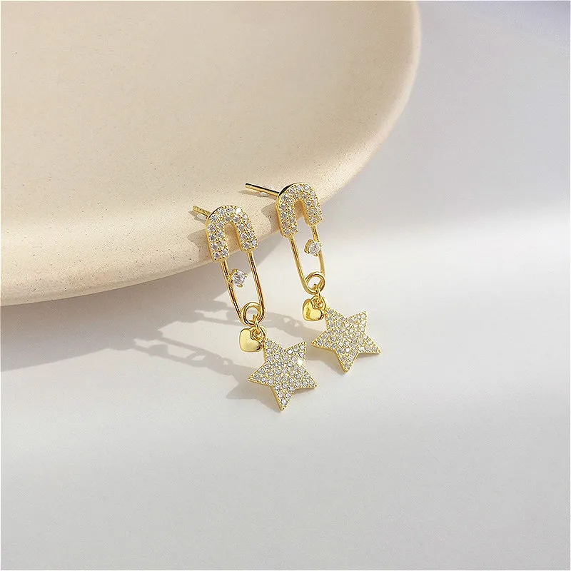 

Fengxiaoling 2019 New Creative Pin Multiple Zircon Golden Star Drop Earrings Jewelry Earrings For Women Silver 925 Jewelry